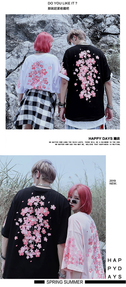 Cute Cherry Blossom Sakura Flower Graphic Print Oversized Short Sleeve Tee Shirt T-shirt Unisex Top E-Girl Kawaii Korean Japanese Harajuku Streetwear