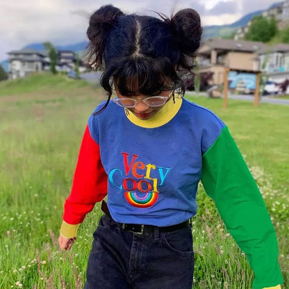 Cute Rainbow Cool Letter Embroidery Aesthetic Sweatshirt Long Sleeve Shirt Turtleneck Top Casual E-Girl Kawaii Korean Japanese Harajuku Streetwear