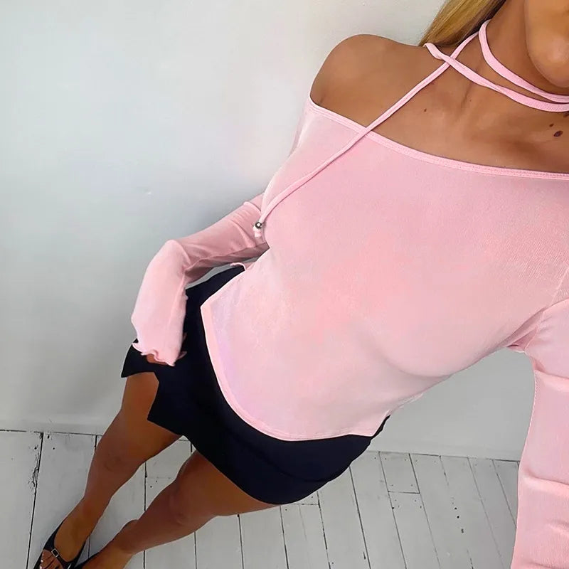 Pink Off Shoulder Long Sleeve Crop Top