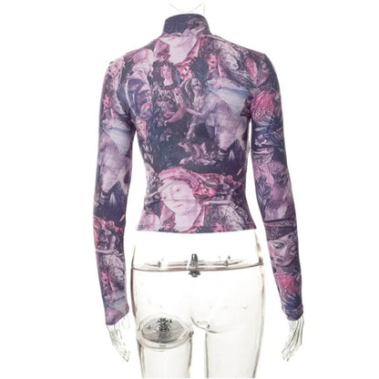 Purple Victorian Print Mesh Long Sleeve Shirt
