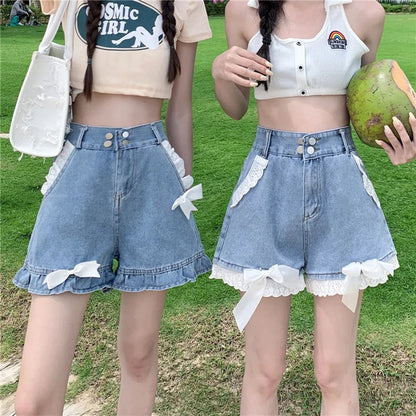 Sweet Lace Wide Leg Denim Shorts