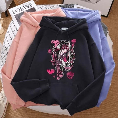 Cute Girl Monster Cartoon Print Long Sleeve Hoodie Sweater Sweatshirt Pullover Aesthetic Casual Summer E-Girl Kawaii Korean Japanese Harajuku