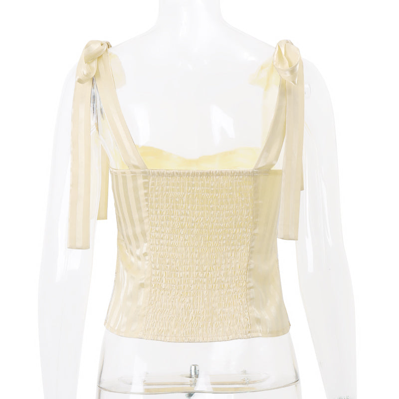 Sweet Yellow Bow Lace Up Satin Top