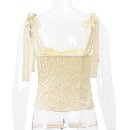 Sweet Yellow Bow Lace Up Satin Top