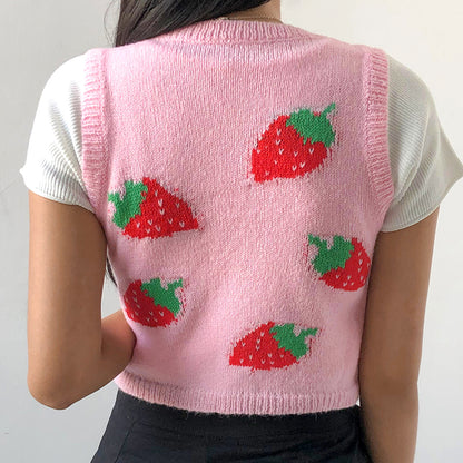 Cute Pink Strawberry V Neck Sleeveless Knit Crop Top Sweater Sweatshirt Pullover Jumper E-Girl Kawaii Korean Japanese Harajuku Streetwear