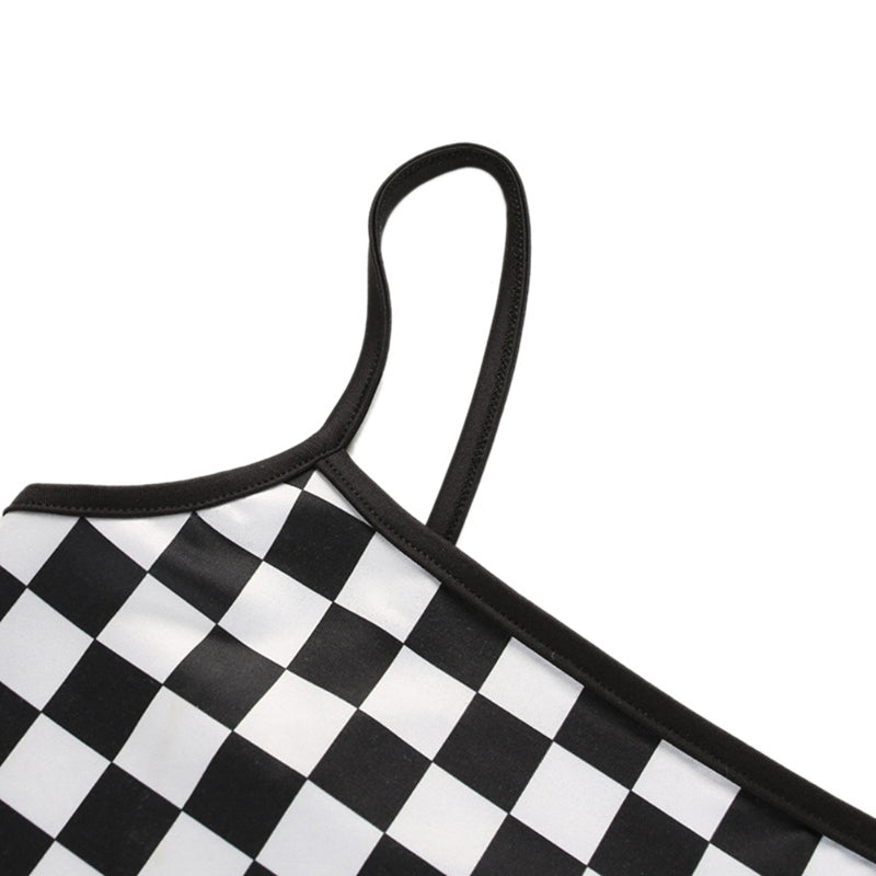 Cute Sexy Black White Checkered Plaid Tank Cami Crop Top Shirt Tee T-shirt E-Girl Kawaii Korean Japanese Harajuku Chinese Retro Streetwear Aesthetic