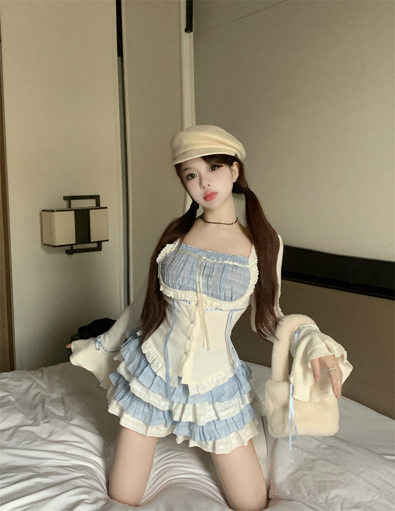 2PCS Blue Japanese Blouse + Vintage Mini Skirt