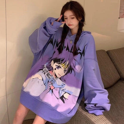 Cute Purple Anime Girl Graphic Print Oversize Long Sleeve Shirt Hoodie Punk Goth Aesthetic Casual E-Girl Kawaii Korean Japanese Harajuku