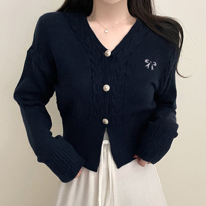 Black Bow Embroidery Twist Knit Sweater