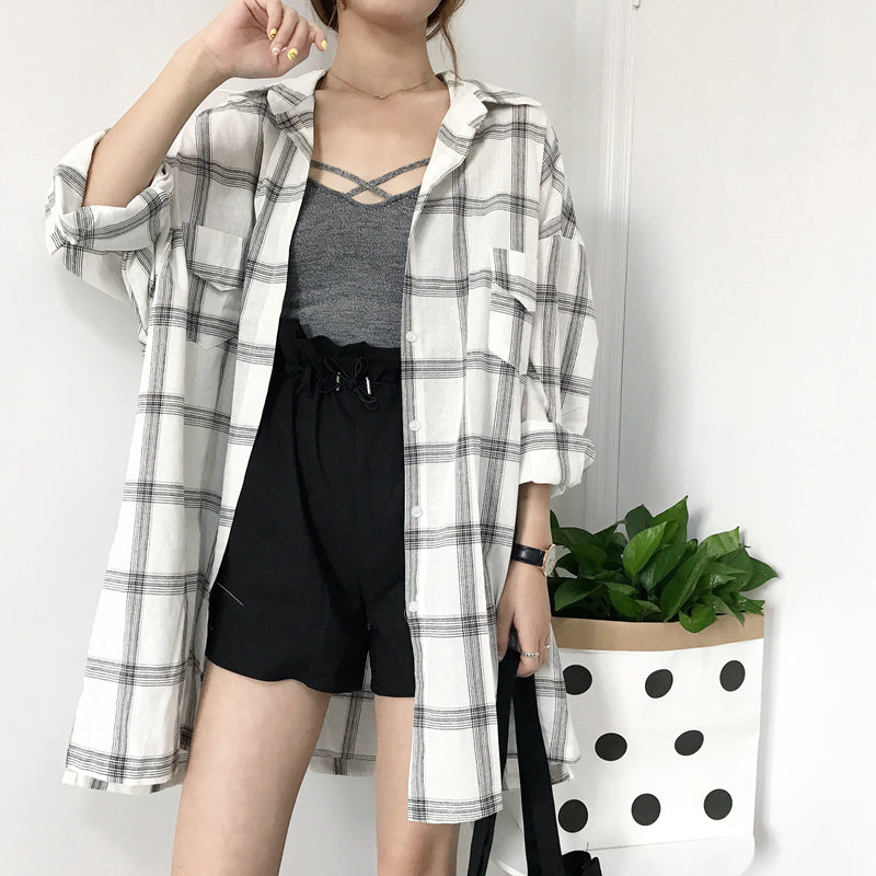 Cute Casual Plaid Flannel Loose Oversized Long Sleeve Shirt Top Boyfriend Baggy E-Girl Kawaii Korean Japanese Harajuku Retro Streetwear