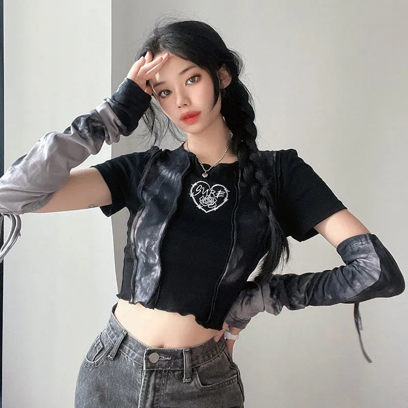 Black & Grey Patchwork Crop Top with Sleeve