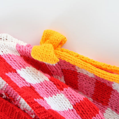 3D Red & White Crochet Cardigan with Yellow Bow