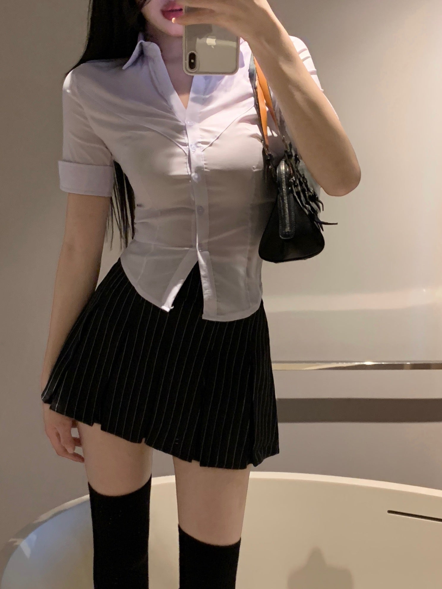 Black Stripe Pleated Mini Skirt