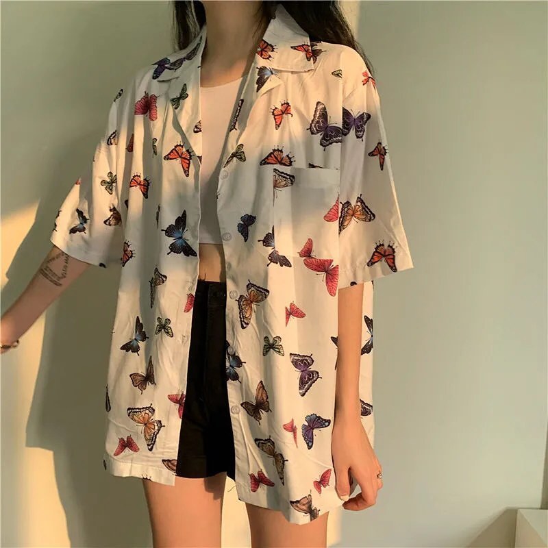 Cute Vintage White Butterfly Print Button Up Pocket Blouse Short Sleeve Shirt Top Loose Aesthetic E-Girl Kawaii Korean Japanese Harajuku Streetwear