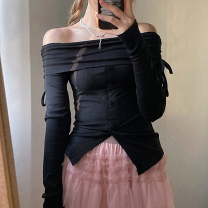 Pink Slash Neck Drawstring Long Sleeve Shirt