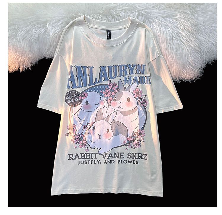 Rabbit Floral Print Short Sleeve T-shirt