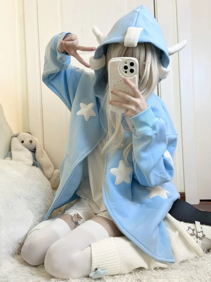 Blue Fairy Wing Horns Zipper Hoodie