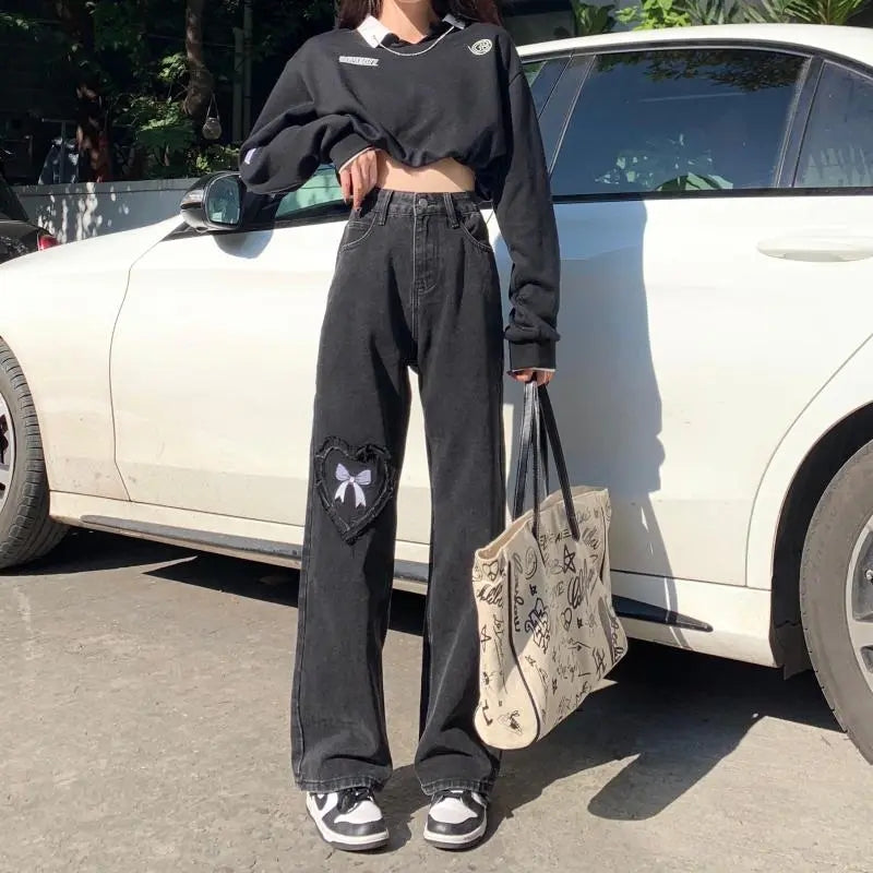 Black Denim Love Bow Embroidery High Waist Jeans