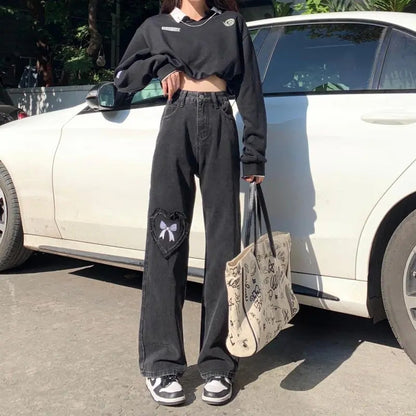 Black Denim Love Bow Embroidery High Waist Jeans