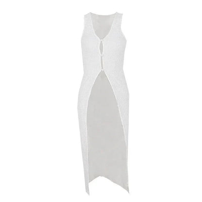 White Hollow Out V Neck Long Tank Top