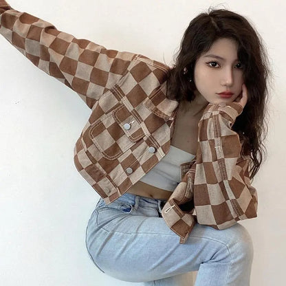 Brown Checkboard Cropped Denim Jacket