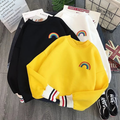 Cute Rainbow Embroidery Fleece Hoodie Sweater Sweatshirt Pullover 90s Oversized Long Sleeve E-Girl Kawaii Korean Japanese Harajuku Retro Streetwear