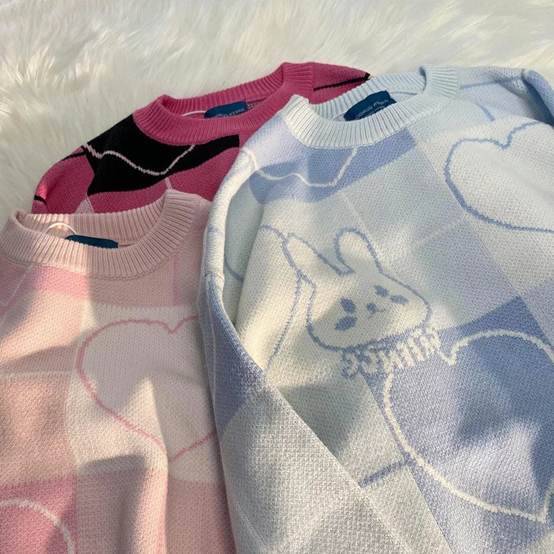 Cute Pink Bunny Rabbit Cartoon Knit Sweater Long Sleeve Pullover Jumper Aesthetic Casual E-Girl Kawaii Korean Japanese Harajuku