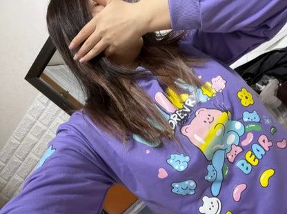 Cute Purple Gummy Bear Print Loose Oversize Sweatshirt Long Sleeve T-shirt Aesthetic Casual Summer E-Girl Kawaii Korean Japanese Harajuku