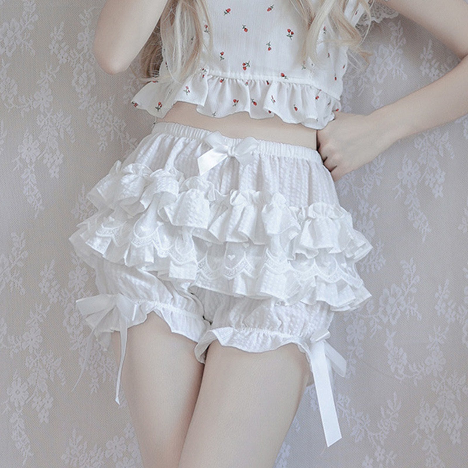White Frilly Lace Ruffle Bloomer Shorts