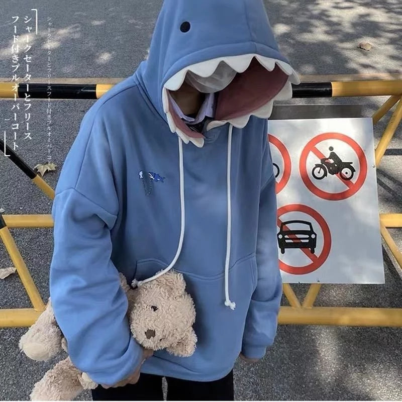 Cute Funny Shark Cartoon Patchwork Oversize Hoodie Sweatshirt Long Sleeve Pullover Aesthetic Casual E-Girl Kawaii Korean Japanese Harajuku