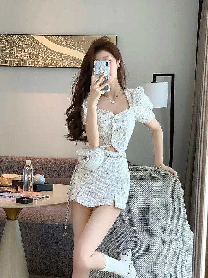 2PCS White Tweed Puff Sleeve Blouse + Skirt