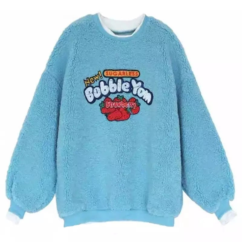 Strawberry Bubblegum Print Warm Fuzzy Fleece Hoodie Sweatshirt Sweater Long Sleeve Pullover E-Girl Kawaii Korean Japanese Harajuku Streetwear