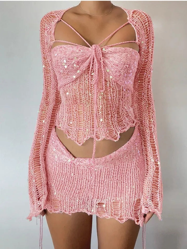 2PCS Pink Sequin See Through Hollow Out Top + Skirt Set
