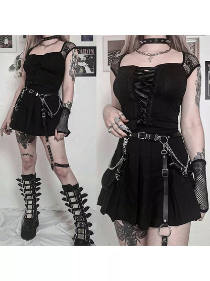 Black Bandage Ribbon Bow Lace Crop Top