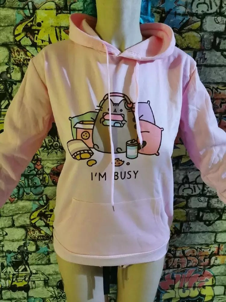 Cute Cat Game Pink Oversized Cartoon Print Casual Sweatshirt Hoodie Pullover E-Girl Kawaii Korean Japanese Harajuku Retro Streetwear Aesthetic