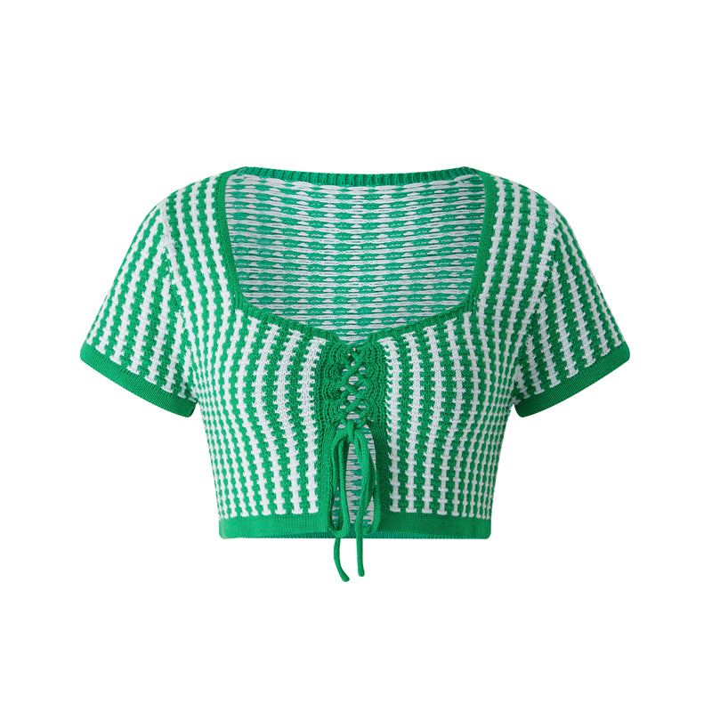Green Plaid Square Collar Bandage Knit Short Sleeve T-shirt