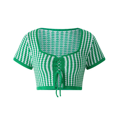Green Plaid Square Collar Bandage Knit Short Sleeve T-shirt