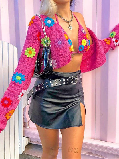 Pink Flower Crochet Top + Flare Sleeve Sweater