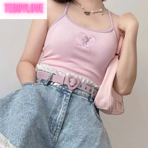 Cute Japanese Anime Love Heart Embroidery Cartoon Tank Top