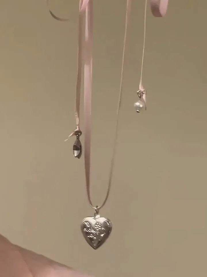 Pink Heart Pendant Rope Tied Necklace