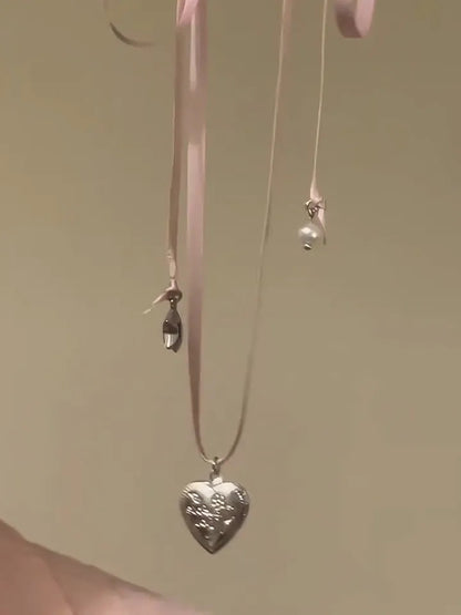 Pink Heart Pendant Rope Tied Necklace
