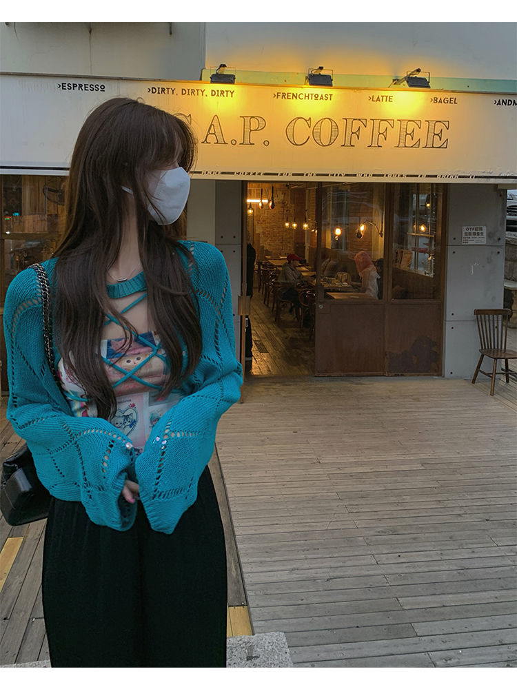 Blue Hollow Out Cropped Cardigan
