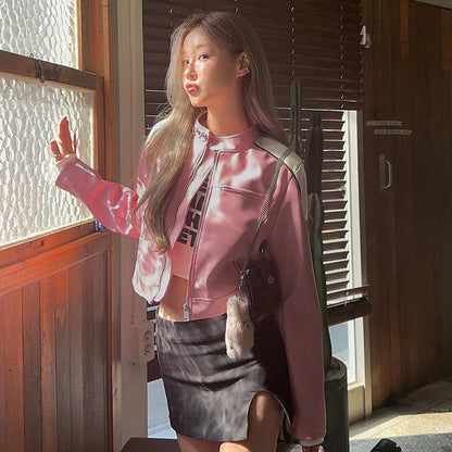 Pink PU Leather Retro Motorbike Jacket
