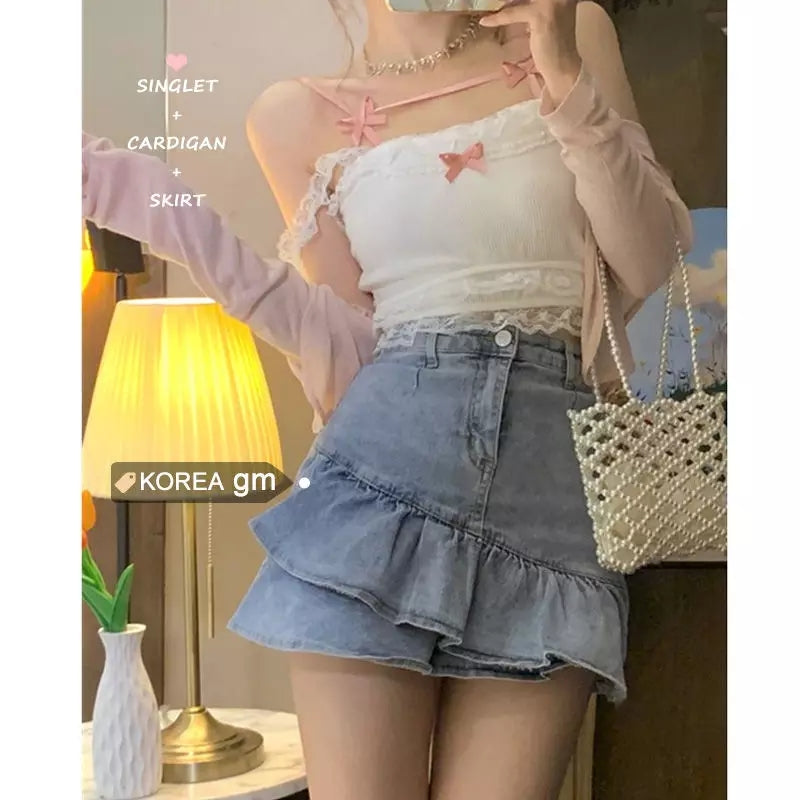 Cute Sweet Lace Bow Sling Crop Top Sleeveless Shirt 90S Summer Aesthetic Casual E-Girl Kawaii Korean Japanese Harajuku