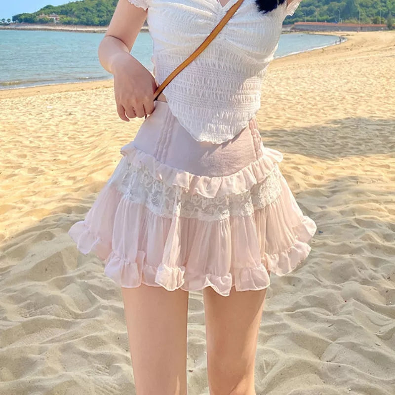 Sweet Lace Ruffle Mesh Fairycore High Waist Mini Skirt