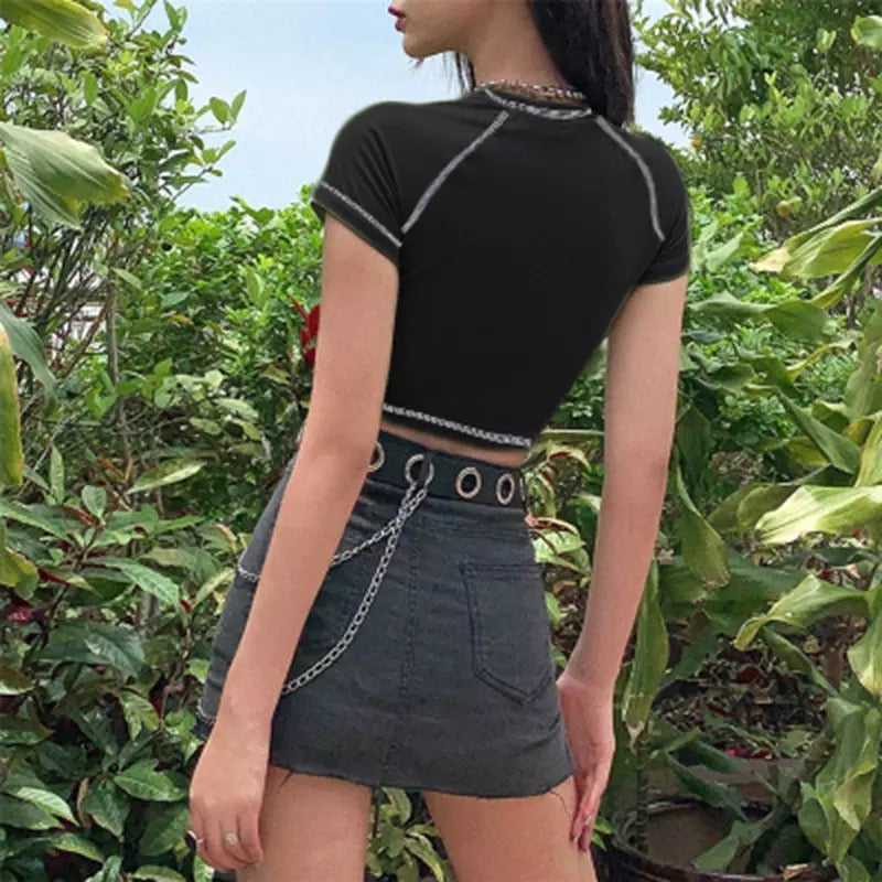 Cute Black Bratz Cartoon Vintage Sexy Crop Top Short Sleeve Shirt Tee T-shirt Summer Casual E-Girl Kawaii Korean Japanese Harajuku Streetwear