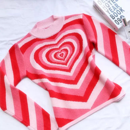 Cute Sweet 90s Hot Pink Heart Striped Long Sleeve Knit Top Sweater Sweatshirt Pullover Jumper Autumn E-Girl Kawaii Korean Japanese Harajuku Streetwear