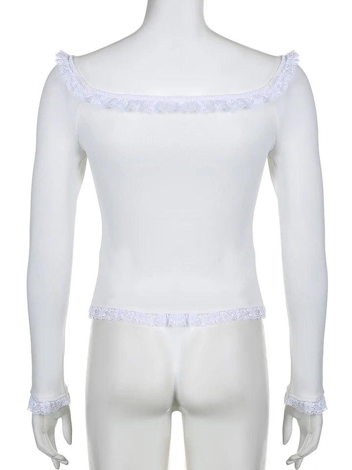 White Square Neck Lace Long Sleeve Crop Top