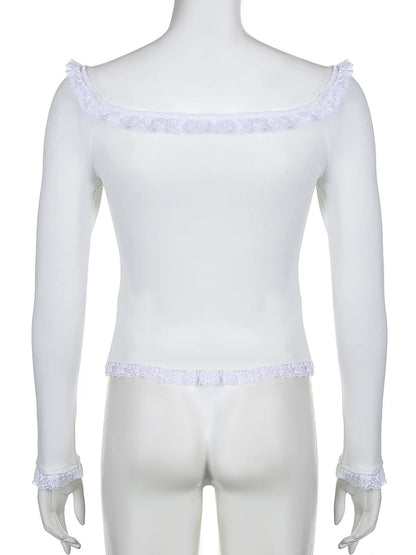 White Square Neck Lace Long Sleeve Crop Top