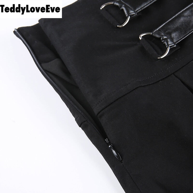 Cute Goth Dark Grunge Punk Pleated High Waisted Rivet Patchwork Mini Skirt Bottoms E-Girl Kawaii Korean Japanese Harajuku Streetwear